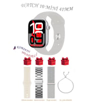 Samsung Galaxy M31 Prime Uyumlu Açık Mavi Akıllı Saat Watch 10 Mini Kordon Hediyeli AMOLED EKRAN 41MM (BEYAZ-TAŞ)