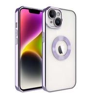 Apple iPhone 14 Plus Kılıf Logo Yeri Açık Kamera Lens Korumalı Renkli Kenarlı Şeffaf Silikon (Lila)