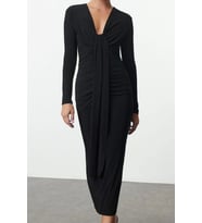 Moda Stil Fitted V Yaka Midi Boy Vücuda Oturan Örme Elbise (Siyah)