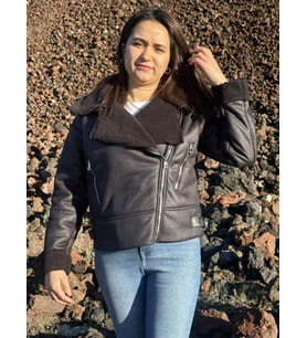 İçi Suni Kürklü Suni Süet Crop Biker Ceket (Siyah - Koyu Gri)