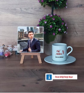 Okul Müdürü Fotoğraflı Dekoratif Taş, Ahşap Altlıklı Türk Kahvesi Fincanı Hediye Öğretmenler Günü Hediyesi (Model 2)