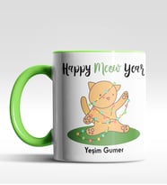 Kişiye Özel Happy Meow Year Kedi Tasarımlı Siyah Kupa (Yeşil)