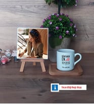 Teyzeye Hediye Fotoğraflı Dekoratif Taş, Ahşap Altlıklı Türk Kahvesi Fincanı Hediye (Model 1)