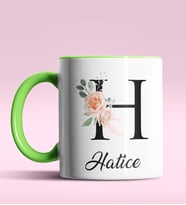 Kişiye Özel H Harfi Temalı Gül Tasarım Siyah Renk Kupa (Yeşil)