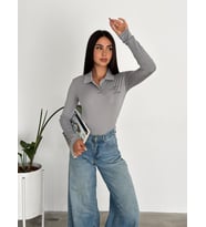 New York Yazılı Yakalı Uzun Kollu Crop Sweatshirt (Gri)