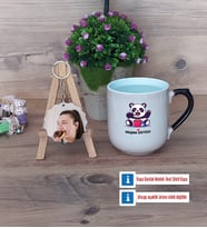 Sevimli Panda Kupa Bardak Beyaz ve Fotoğraflı Ahşap Anahtarlık Hediye (Model 10)