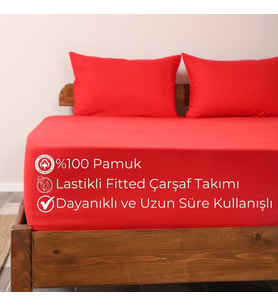 Lastikli Çarşaf Takımı Pamuklu Dokuma Kumaş Fitted Yastık Kılıflı (Kırmızı)