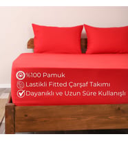 Lastikli Çarşaf Takımı Pamuklu Dokuma Kumaş Fitted Yastık Kılıflı (Kırmızı)