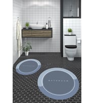 EVDEYA Dijital Baskılı Yıkanabilir Bathroom Yazılı Yuvarlak Banyo Paspası Klozet Takımı, YKLOZET-1-GRİ, (Mavi)