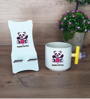 Sevimli Panda Hediye Sepeti Kupa Bardak T Kulplu ve Ahşap Telefon Standı Arkadaşa Sevgiliye Hediye (Model 5)