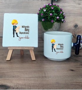 Mühendis Bey Diyeceksiniz Hediye Seti Kupa Bardak T Kulplu ve Dekoratif Taş Mühendise Hediye Mühendisler Günü Hediyesi (Model 2)