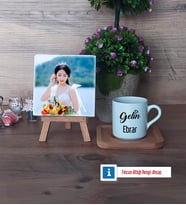 Gelin Fotoğraflı Dekoratif Taş, Ahşap Altlıklı Türk Kahvesi Fincanı Hediye (Model 1)