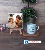 Anneye Doğum Günü Hediyesi Fotoğraflı Dekoratif Taş, Ahşap Altlıklı Türk Kahvesi Fincanı Hediye (Model 1)