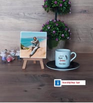 Tarih Öğretmeni Fotoğraflı Dekoratif Taş, Ahşap Altlıklı Türk Kahvesi Fincanı Hediye (Model 7)