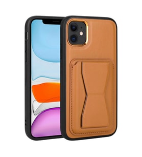Uyumlu Model Apple iPhone 12 Kılıf ?Pu Deri Kartlıklı Standlı Kapak (Açık Kahverengi)