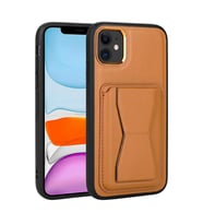 Uyumlu Model Apple iPhone 12 Kılıf ?Pu Deri Kartlıklı Standlı Kapak (Açık Kahverengi)