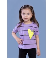 Toontoy Kız Çocuk Çizgli Kalp Baskılı Taş İşlemeli Tişört (Lila)