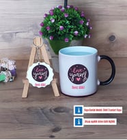 Love Yourself Kupa Bardak Kırmızı ve Ahşap Anahtarlık Hediye (Model 8)