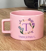 Kişiye Özel Çiçekli T Harfli Hediye Pastel Fincan İsim Soyisim Yazılı (Pembe)