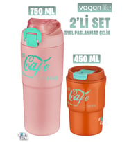 Vagonlife 2'li Çelik Termos-Kahve Bardağı Seti 750ML Çift Kullanım Termos//450ML Mug Kahve Bardağı (Turuncu-Pembe)