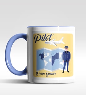 Kişiye Özel Pilot Tasarımlı Siyah Kupa (Beyaz-Mavi)