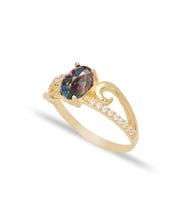 925 Ayar Gümüş Mistik Topaz Oval Taşlı Zarif Yüzük (Gold)