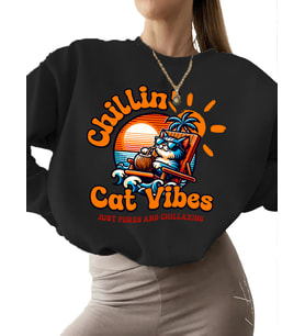 Bej Sweatshirt kadın Rahatlatıcı kedi titreşimleri Baskılı 3 iplik şardonlu Sweatshirt erkek (Siyah)
