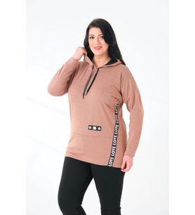 Kapüşonlu Büyük Beden Sweatshirt (Vizon)