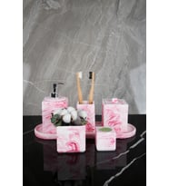 7 Parça Mermer Desenli Beton Banyo Seti Katı Sıvı Sabunluk Diş Fırçalık Pamukluk (Pembe)