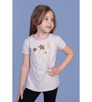 Toontoy Kız Çocuk Yıldız Nakışlı Tişört (Kahve Melanj)
