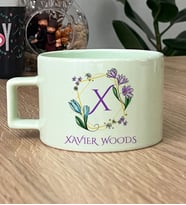 Kişiye Özel Çiçekli X Harfli Hediye Pastel Fincan İsim Soyisim Yazılı (Yeşil)