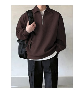 GENIUS STORE Erkek Polo Yaka Oversize Sweatshirt Yarım Fermuar Sweatshirt OVERSIZE-SWEATSHIRT (Kahverengi)