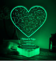 Kalp Yıldız Haritası, Sevgiliye Hediye Kişiye Özel 3D LED Lamba (Yeşil)