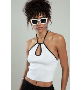 SifuTekstil Kadın Boyundan Askılı Spor Triko Crop Top Badi SFYZ1007 (Beyaz)