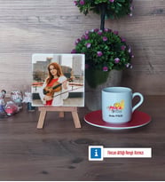 Müzik Öğretmeni Fotoğraflı Dekoratif Taş, Ahşap Altlıklı Türk Kahvesi Fincanı Hediye Öğretmenler Günü Hediyesi (Model 3)