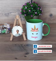 Unicorn Kupa Bardak Beyaz ve Fotoğraflı Ahşap Anahtarlık Hediye (Model 14)
