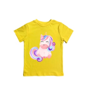 Unicorn baskılı pamuklu penye kumaş yazlık çocuk tişört (Sarı)
