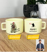 Kişiye Özel Karikatürlü Asker Pastel Fincan Askere Hediye Asker Sevgiliye Hediye (Sarı)