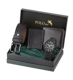 Polo Air Erkek Kol Saati Cüzdan Kemer Kartlık Klasik Kombin PL-0851E (Siyah)