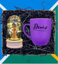 Kişiye Özel Kupa Bardak ve Işıklı Şans Melekli Fanus, Premium Set (Farklı Renk Seçenekleri) (Mor)