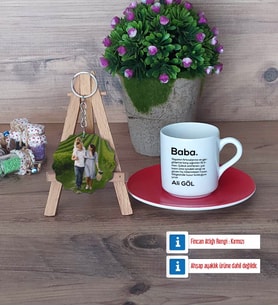 Baba Türk Kahvesi Fincanı Ahşap Altlıklı ve Fotoğraflı Ahşap Anahtarlık Hediye (Model 3)