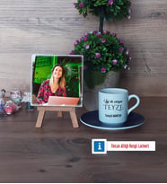 Teyzeye Doğum Günü Hediyesi Fotoğraflı Dekoratif Taş, Ahşap Altlıklı Türk Kahvesi Fincanı Hediye (Model 4)