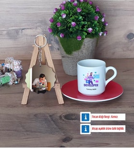 Developer Türk Kahvesi Fincanı Ahşap Altlıklı ve Fotoğraflı Ahşap Anahtarlık Hediye (Model 3)