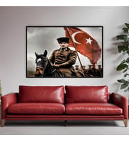 Metal Çerçeveli Yatay Cam Ofis Duvar Tablosu Atatürk Görseli (Siyah)