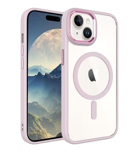 Apple iPhone 15 Kılıf Wireless Şarj Özellikli Krom Magsafe Silikon Kılıf (Açık Pembe)