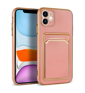 iPhone 12 Kılıf Kartlıklı Kamera Korumalı Altın Kenar Tasarım Silikon (Rose)