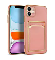 iPhone 12 Kılıf Kartlıklı Kamera Korumalı Altın Kenar Tasarım Silikon (Rose)