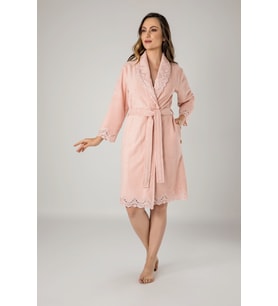 Pudra Dantelli Bambo Cotton Bayan Bornozu (Pudra)