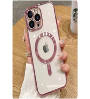 iPhone 13 Pro Max Kılıf Magsafe Köşeleri Renkli Lüx Şeffaf Kamera Lens Korumalı (Rose)