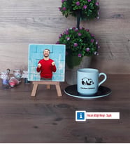 Uykucu Panda Fotoğraflı Dekoratif Taş, Ahşap Altlıklı Türk Kahvesi Fincanı Hediye (Model 7)